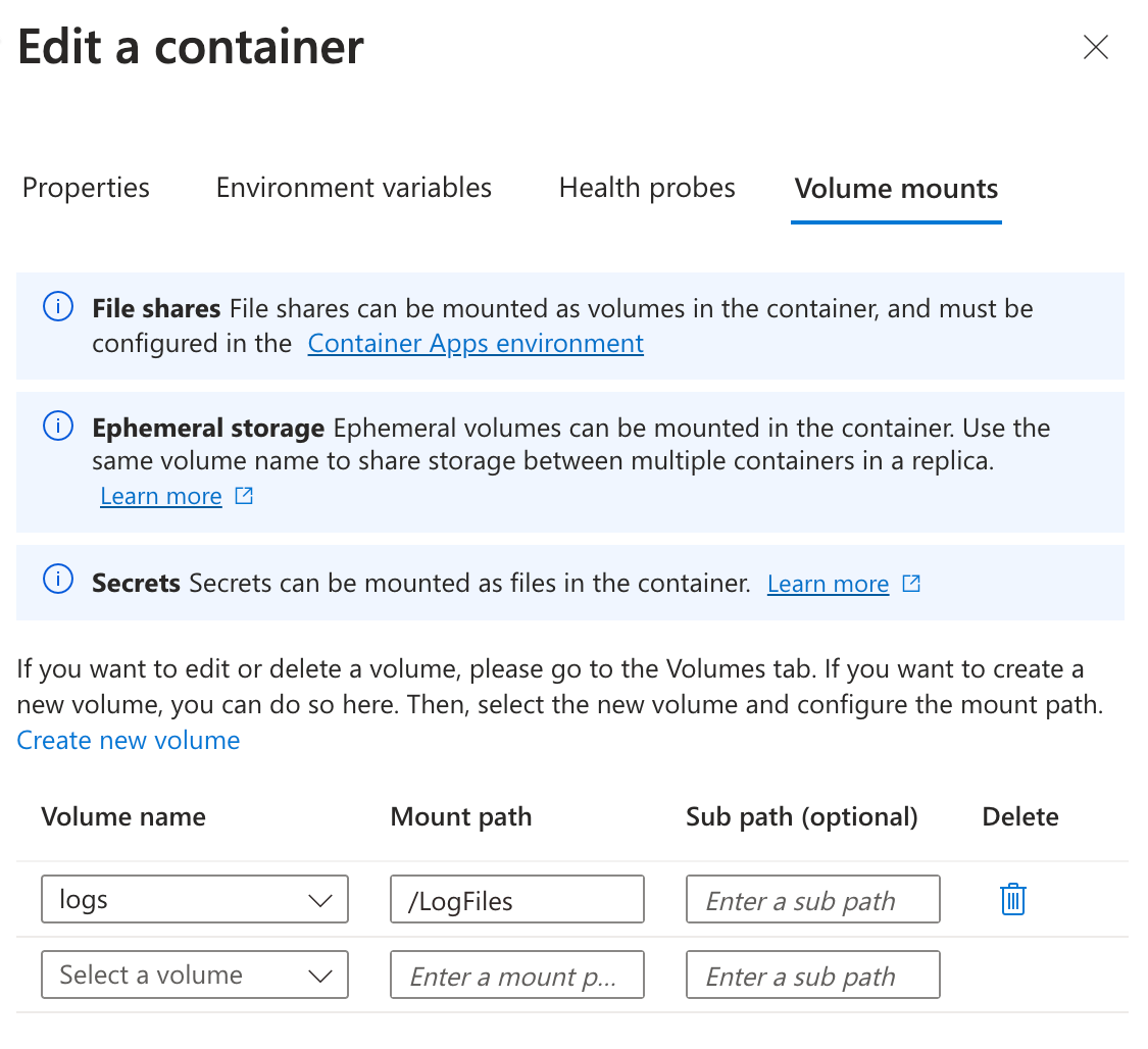 Adding a volume mount to a container in Azure